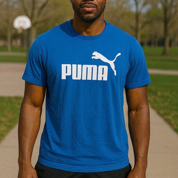 Puma Blue T-Shirt White Logo Mens Large Short Sleeve Casual Activewear Sporty - Picture 1 of 7